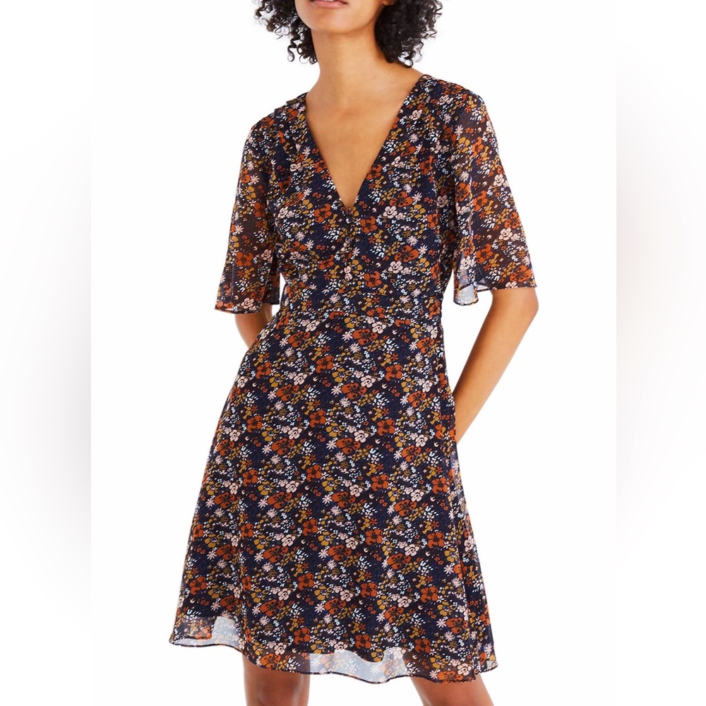 Madewell Floral V-Neck Dress - Navy and Orange